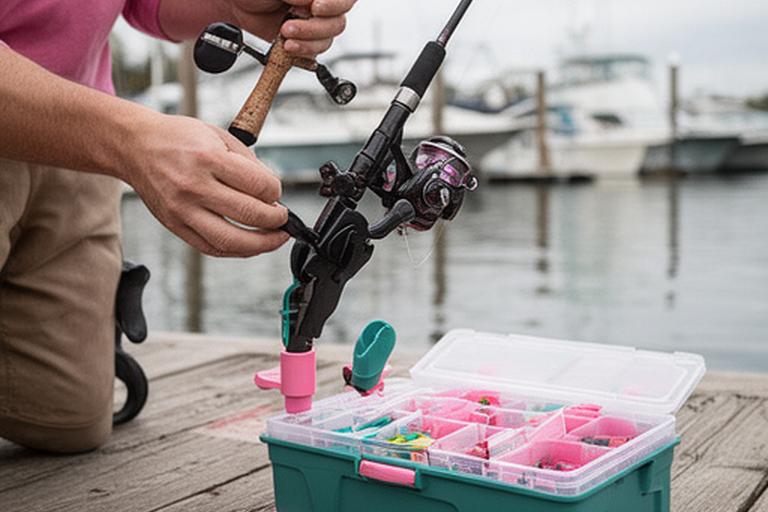 Adaptive fishing aid demonstration on a dock with an angler adjusting a rod holder beside a tackle box