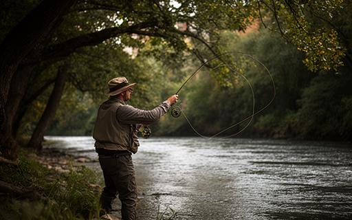 Fly angler practising a sidearm cast beneath trees beside a shaded urban riverbank