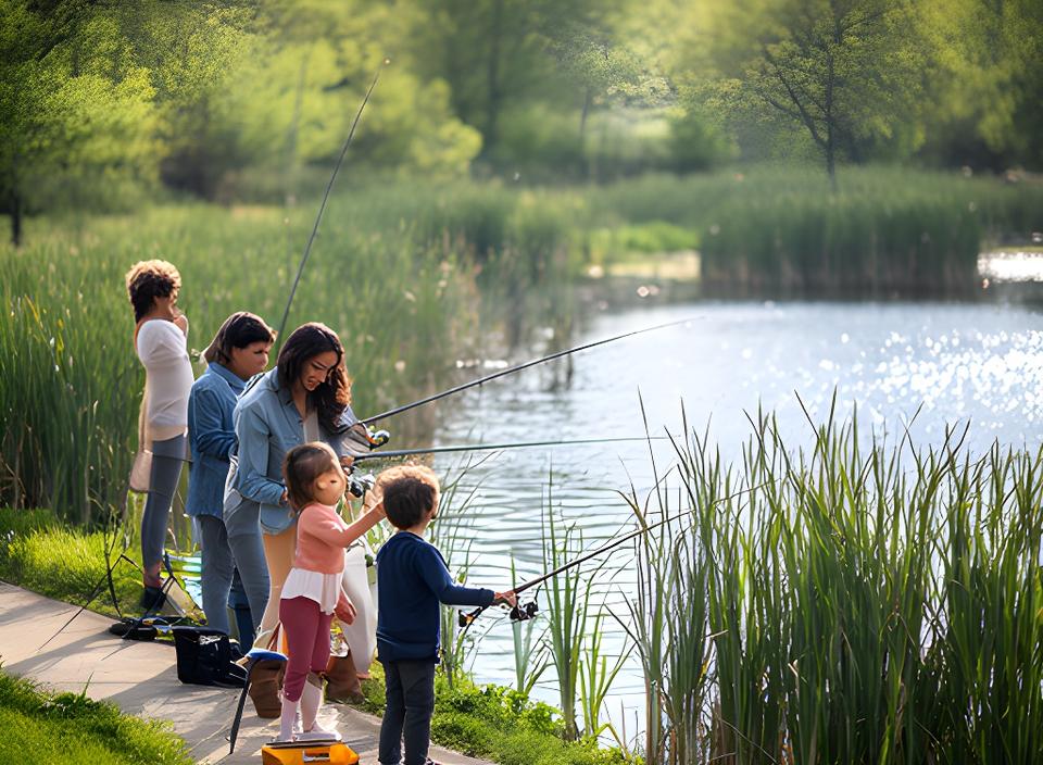 Family fishing at Baisley Pond in Queens on a bright morning with reeds and shoreline access
