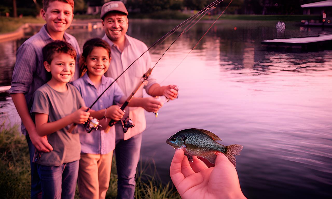 Family standing beside a calm New York pond with a beginner fishing rod and a small bluegill in hand