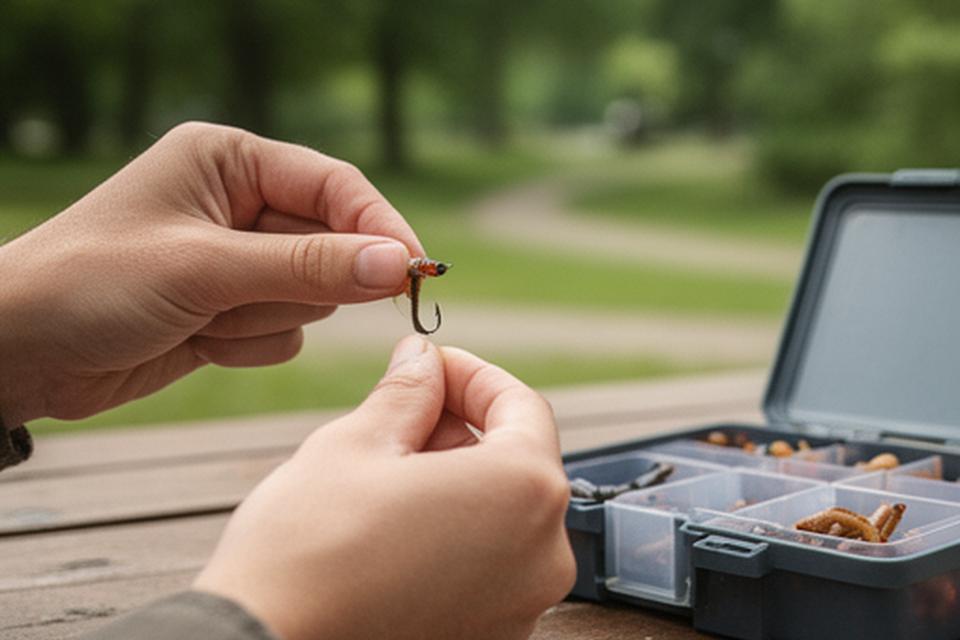Beginner angler baiting a small hook with a worm beside a tackle box at a park bench