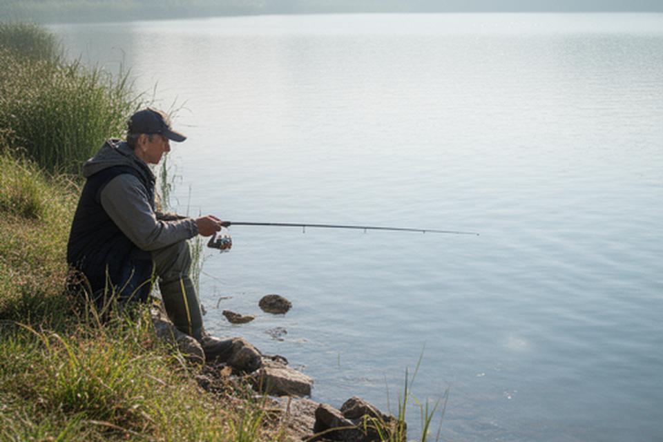 Angler studying a quiet reservoir shoreline with easy bank access and open water