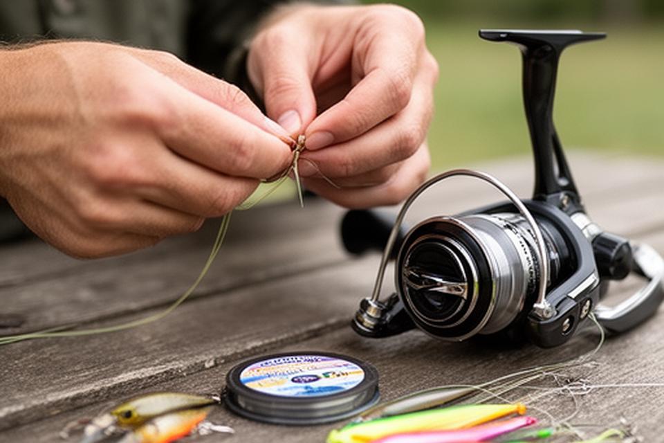 Hands tying a simple fishing knot beside a spinning reel and fresh line spool on a picnic table