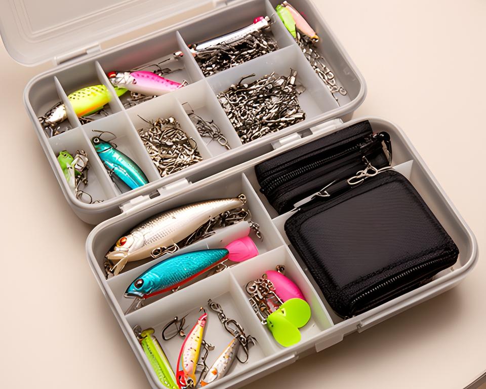Compact starter tackle box opened on a table with budget lures, hooks, swivels, and a small lure wallet neatly arranged