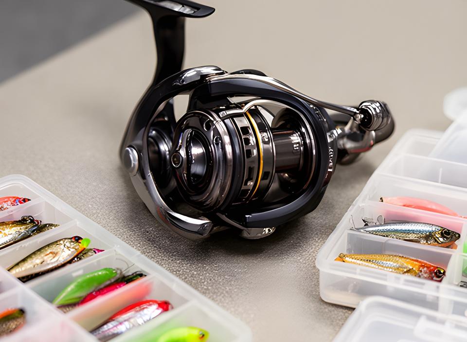 Compact spinning reel and small tackle organiser laid out beside soft lure compartments