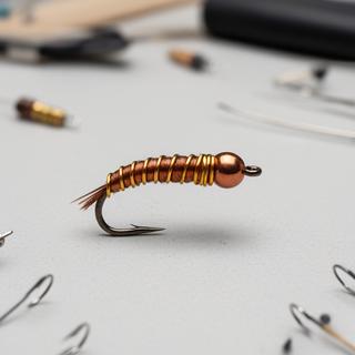 Beadhead Copper John fly with copper wire body and golden ribbing on a clean bench surface