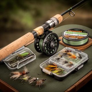 Four-weight fly rod beside a compact reel, bass fly box, and tapered line on a tackle bench