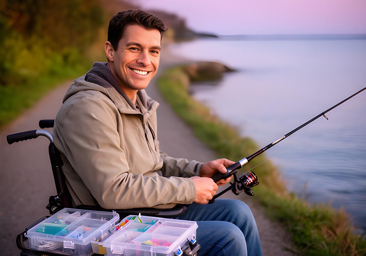 Smiling angler preparing a comfortable fishing setup with accessible gear beside a quiet waterfront path