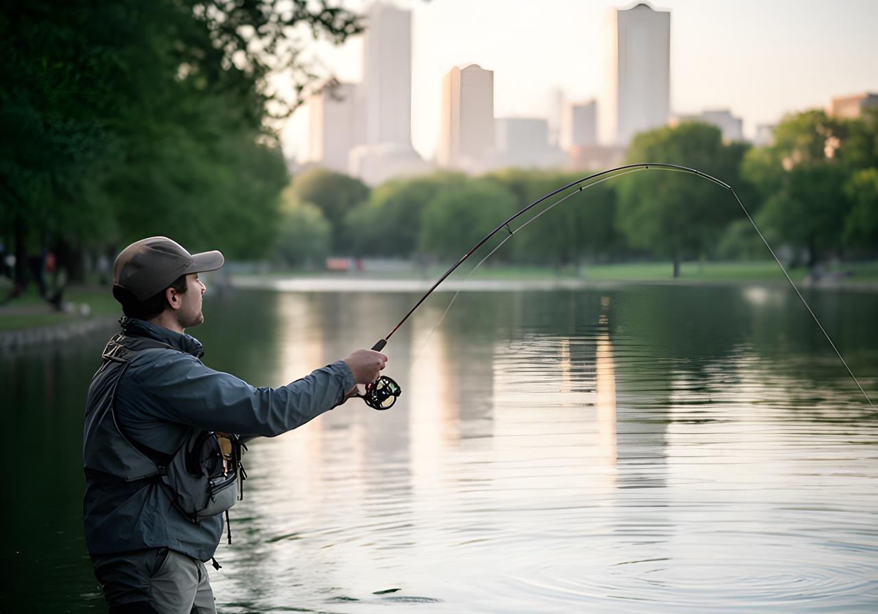 Fly angler casting beside calm urban water with trees and a distant New York park skyline