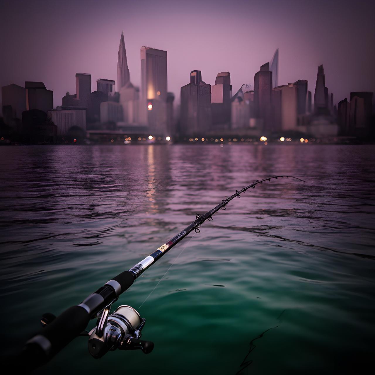 Fishing rod in the foreground with the Brooklyn skyline reflected on rippling water at dusk