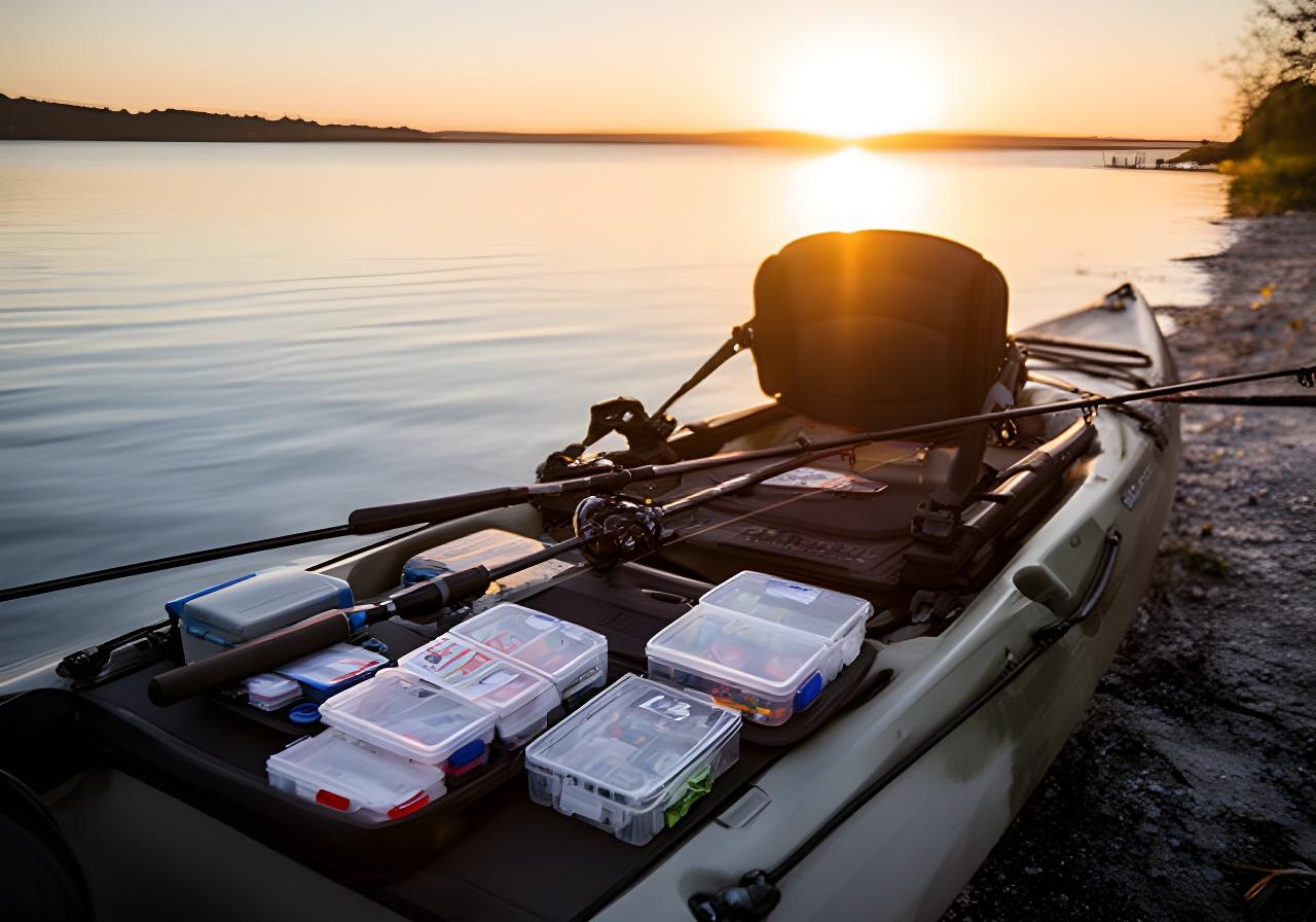 Kayak angler organising gear on calm water near a New York shoreline at sunrise