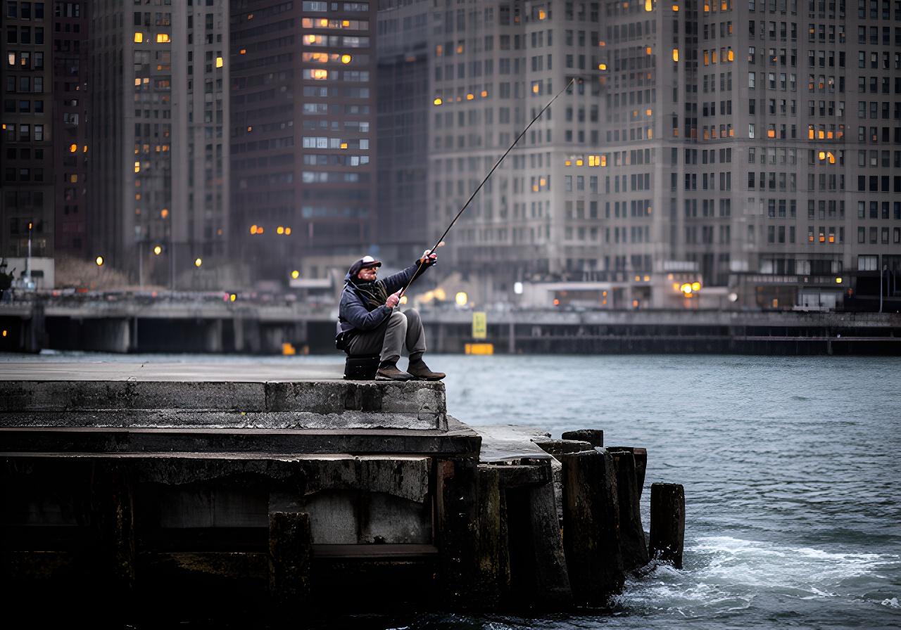 Urban angler fishing from a stone pier with city buildings and water behind them in New York City