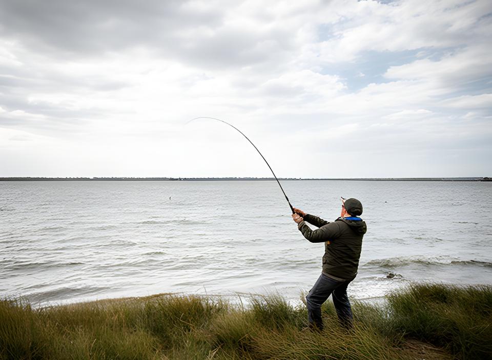 Saltwater angler casting from the Jamaica Bay shoreline with marsh grass and wide open sky