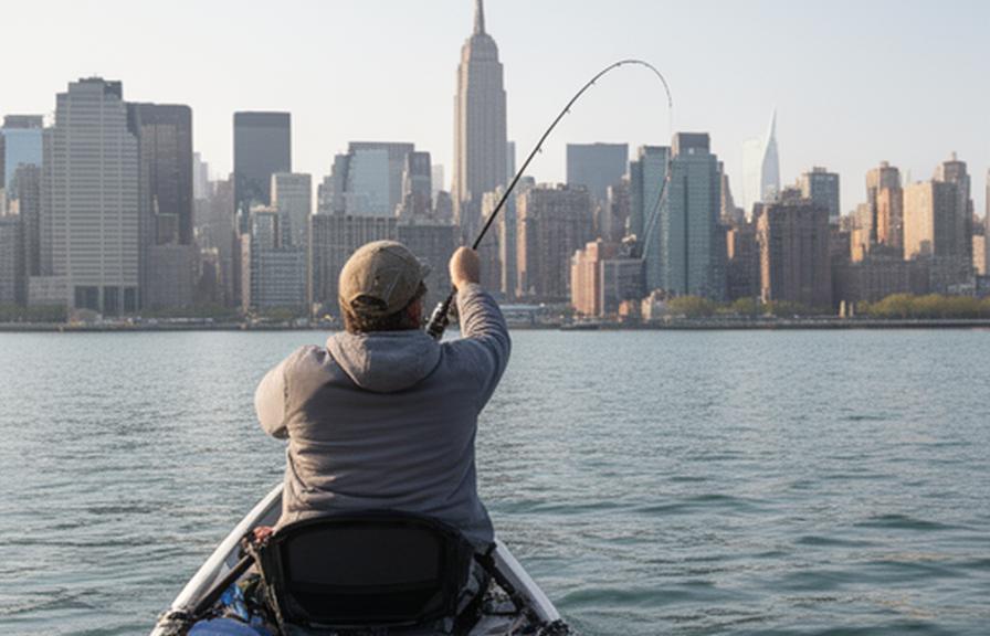 Kayak angler casting beside the New York City skyline with organised deck storage and a bent rod
