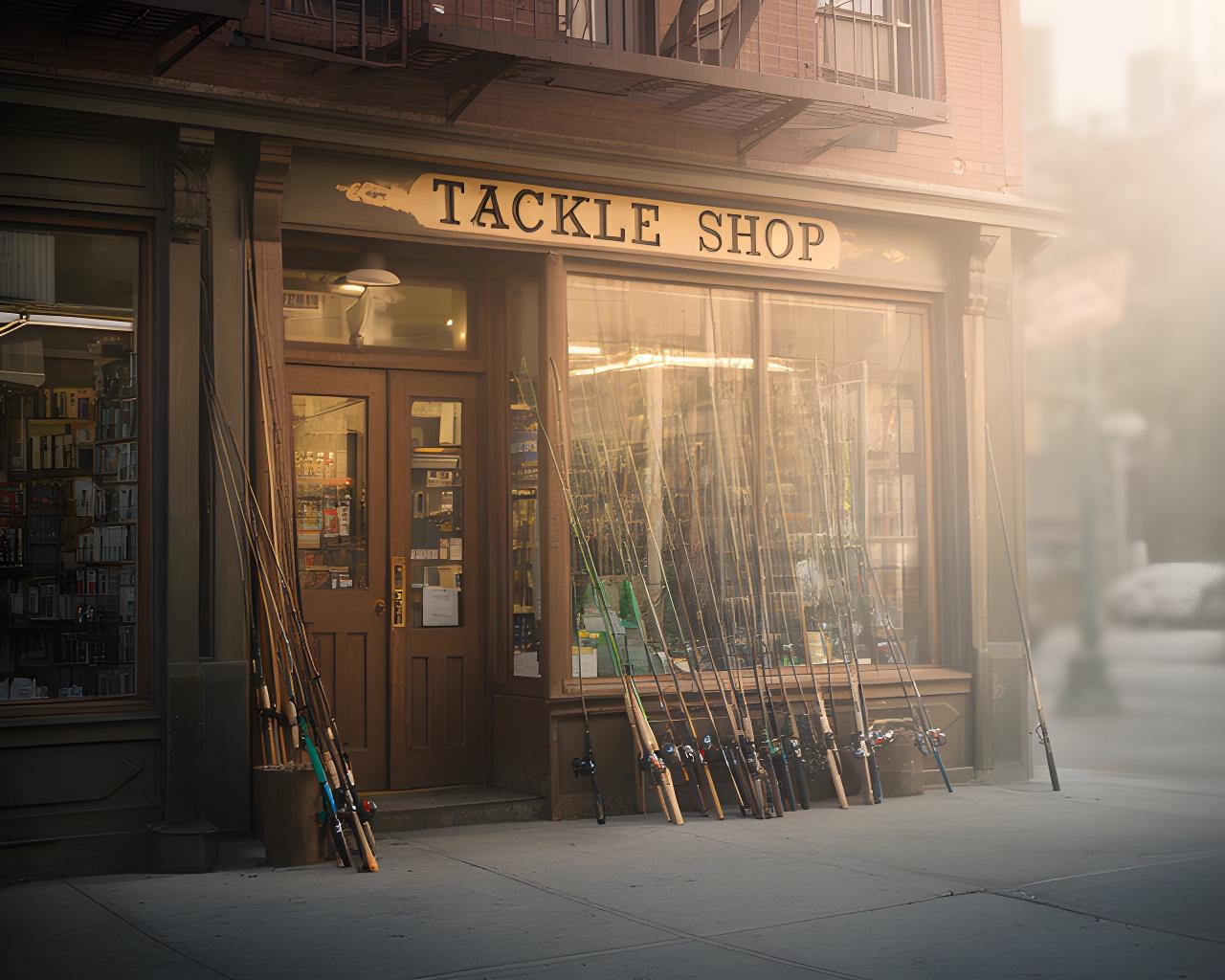 Vintage tackle shop front on Hancock Street in Brooklyn with warm window light and fishing rods displayed by the door