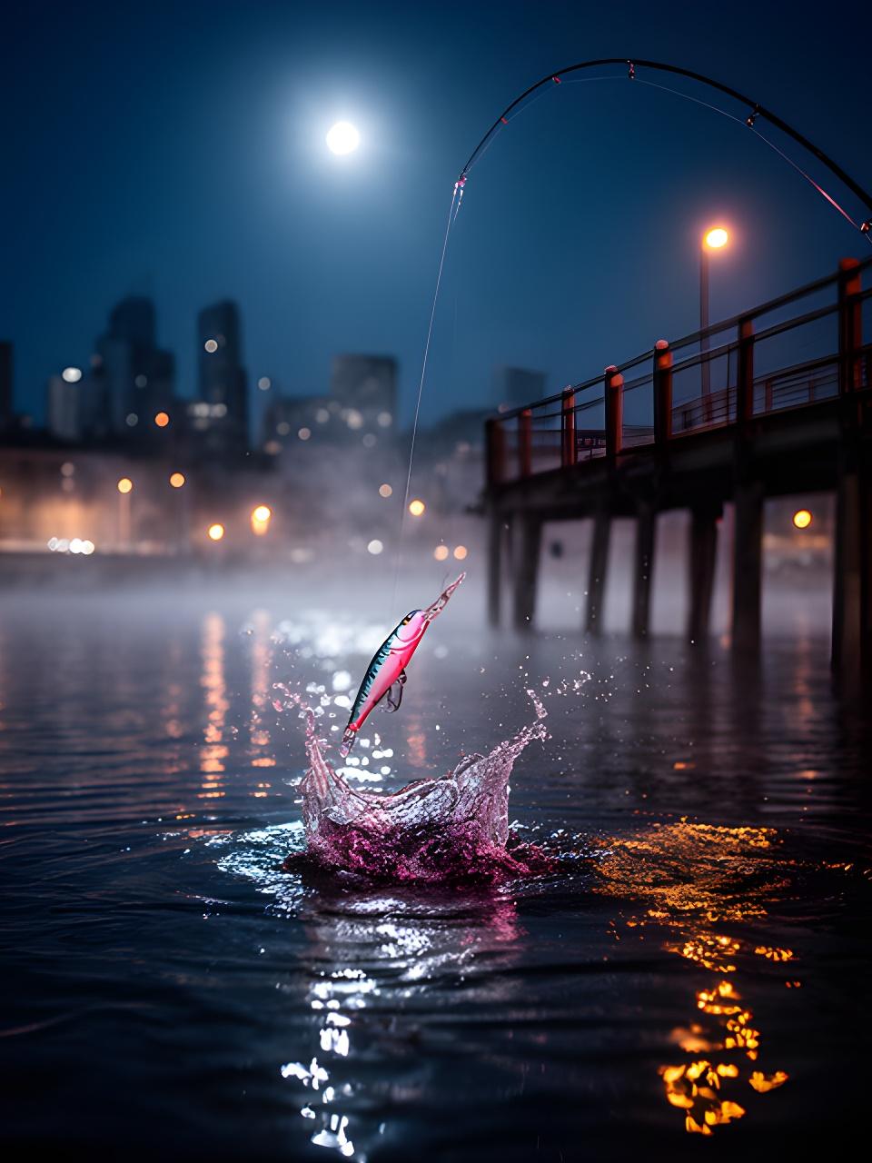 Bright lure arcing into moonlit water beside a New York pier with city lights reflecting on the surface