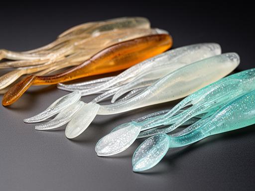 Soft plastic lure pack with translucent tails and saltwater-ready colours on a clean display board