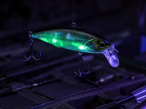 UV-reactive minnow lure hanging above a tackle mat with glowing accents and detailed treble hooks