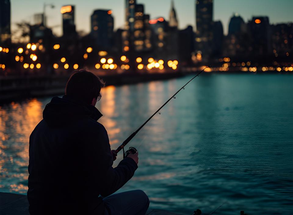 Tourist fishing near Manhattan with evening light and a compact rental rod setup