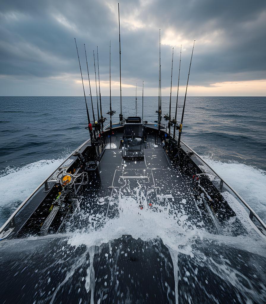 Offshore fishing boat running toward deep water with rods stored in holders and saltwater spray across the bow