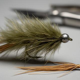 Olive Woolly Bugger fly with marabou tail and bead head displayed beside tying thread and hackle
