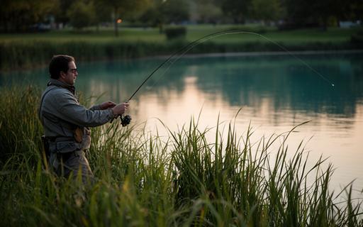 Angler casting a fly rod beside a quiet park pond with reeds and evening light