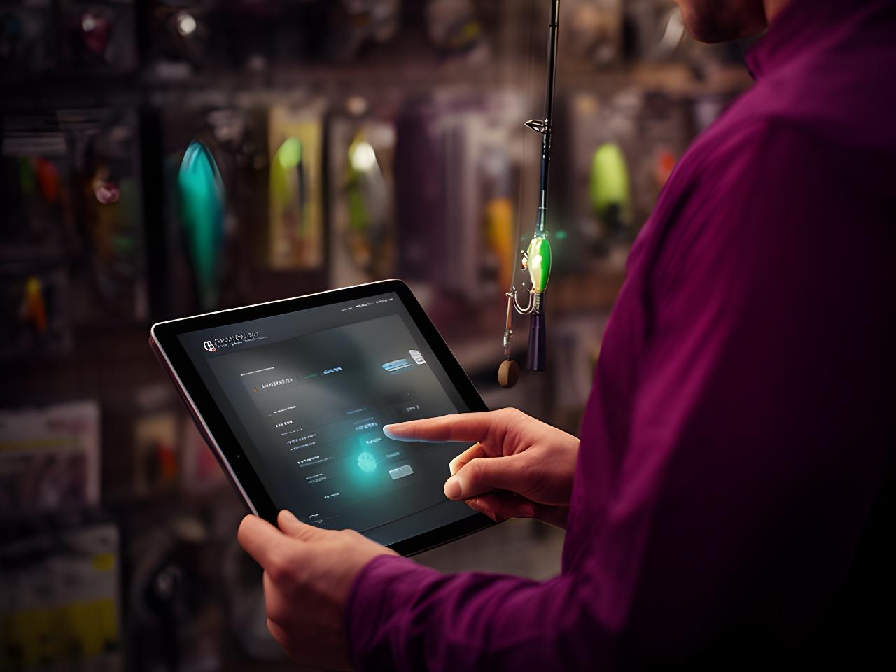 Angler checking secure online checkout on a tablet beside fishing tackle in a softly lit store