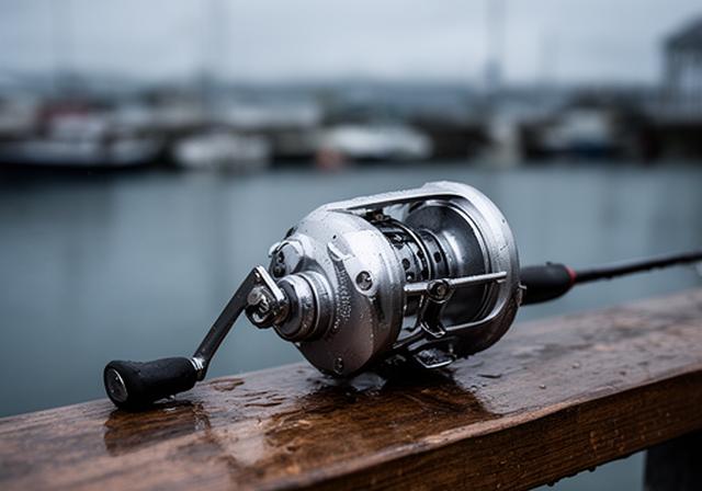 Corrosion-resistant spinning reel and rod resting on a damp wooden rail near a harbour with brushed metal details