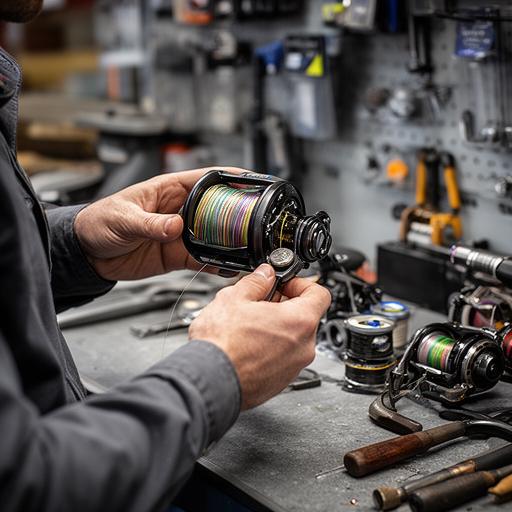 Repair technician Raj adjusting a reel and spooling fishing line at the maintenance bench