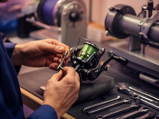 Technician adjusting a reel on a service bench beside a spooling machine and organised tools