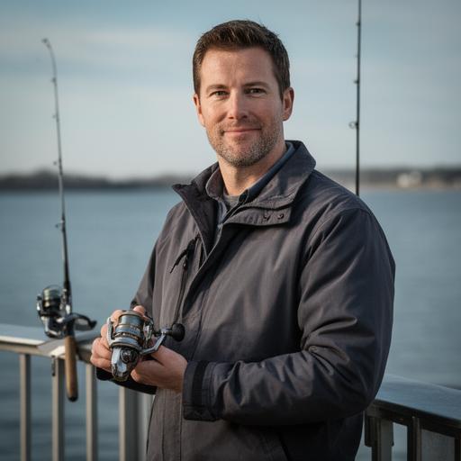 Mike standing by a waterfront railing with saltwater tackle and a focused, experienced expression