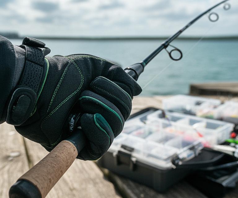 Close-up of technical fishing gloves gripping a spinning rod beside a tackle tray on a wooden pier
