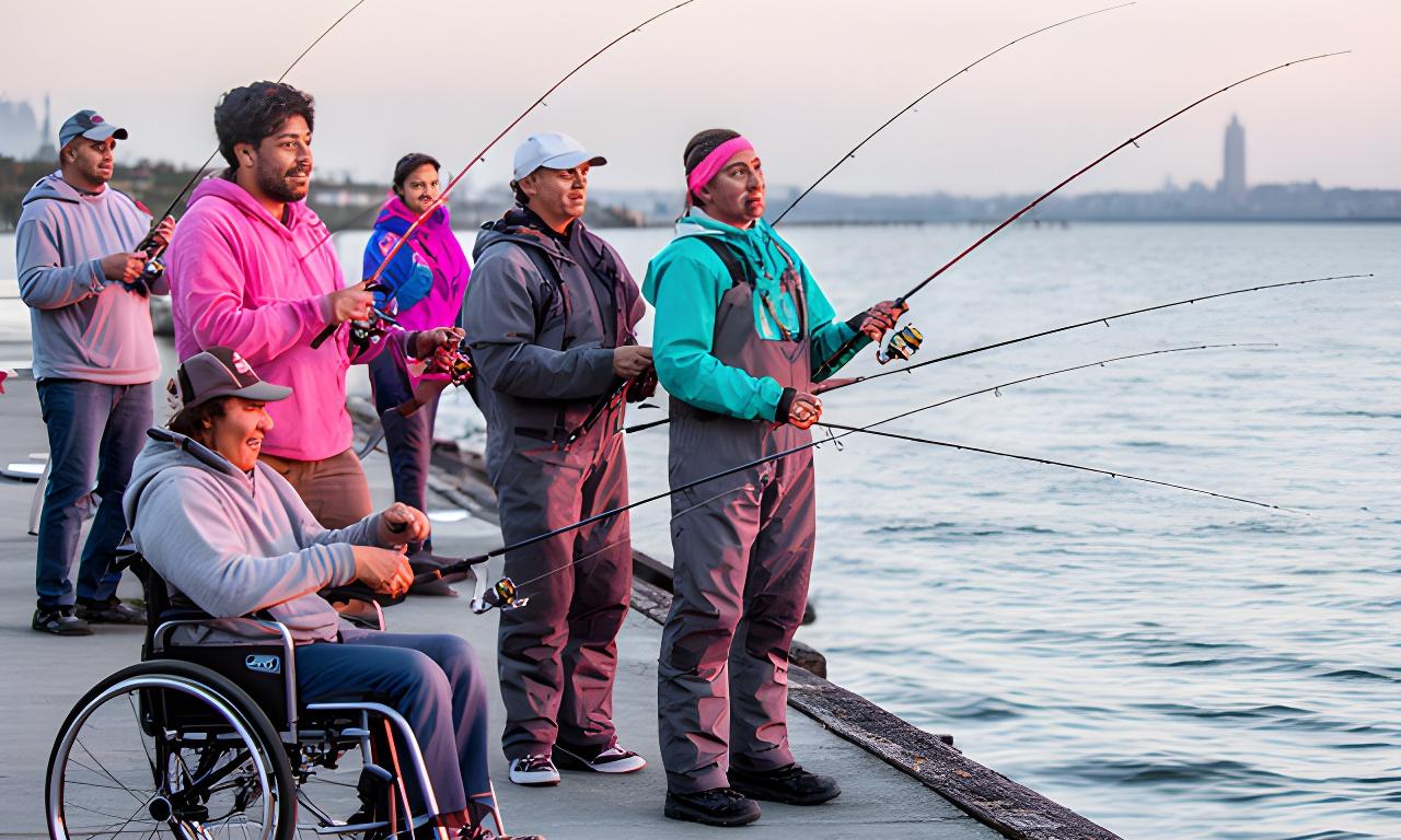 Diverse anglers casting together beside a calm waterfront in New York, with one angler using a wheelchair and another wearing fitted fishing outerwear