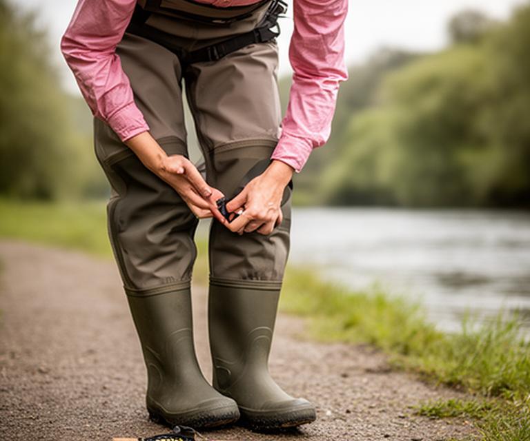 Woman angler adjusting fitted waders on a riverside path with tackle beside her boots