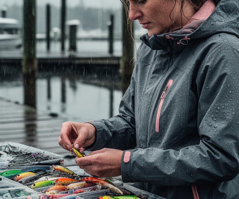 Woman wearing a women’s cut fishing jacket while organising lures at a rainy marina